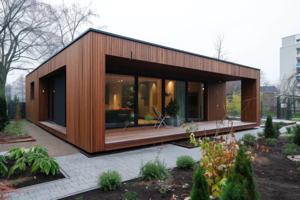 Modulaire houten vakantiewoning met moderne architectuur en grote glazen pui