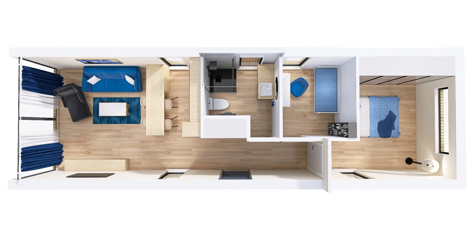Overzichtelijke plattegrond met woonruimte, open keuken, badkamer en twee slaapkamers, model Bos