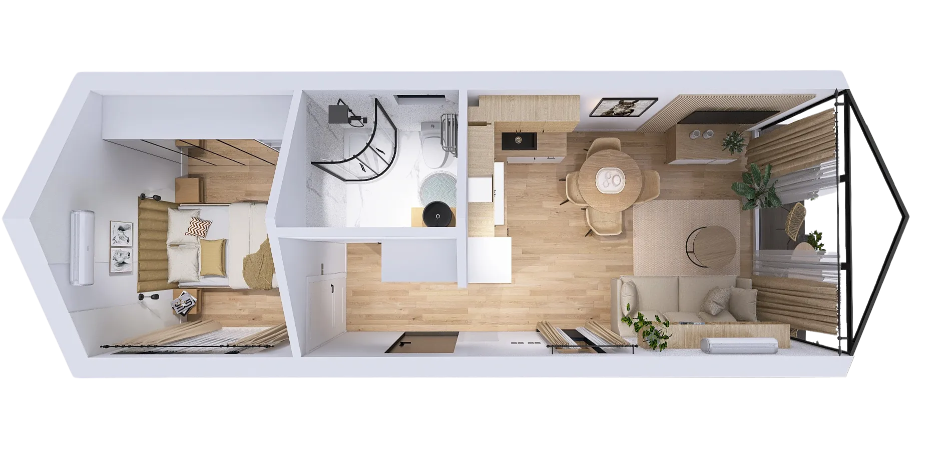 Plattegrond van Model Nest met slaapkamer, badkamer en open woonruimte (bovenaanzicht)