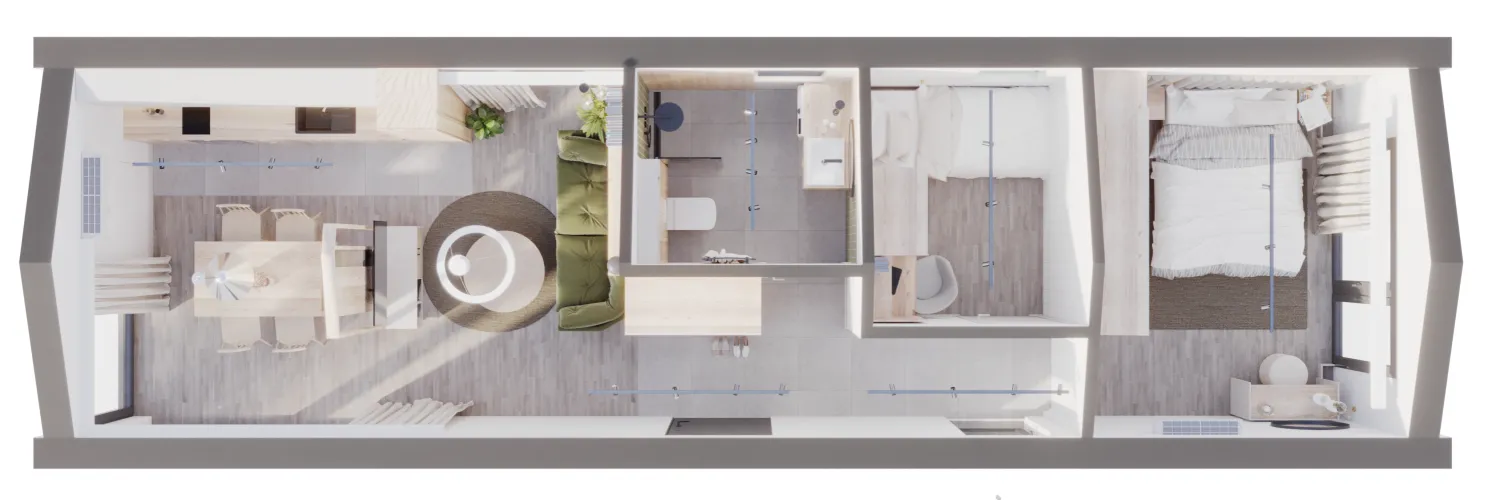 Plattegrond Modulodge model NATUUR prefab woning met woonkamer, open keuken, badkamer en slaapkamer indeling van bovenaf