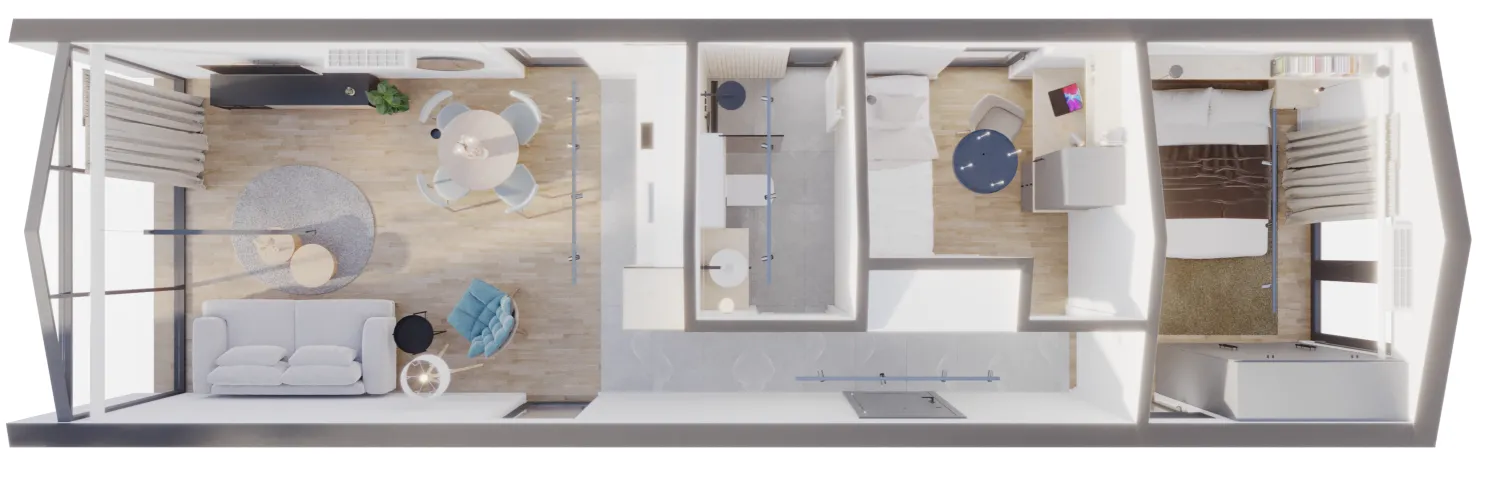 Plattegrond Modulodge model VELD modulaire prefab woning met open leefruimte, badkamer en meerdere slaapkamers