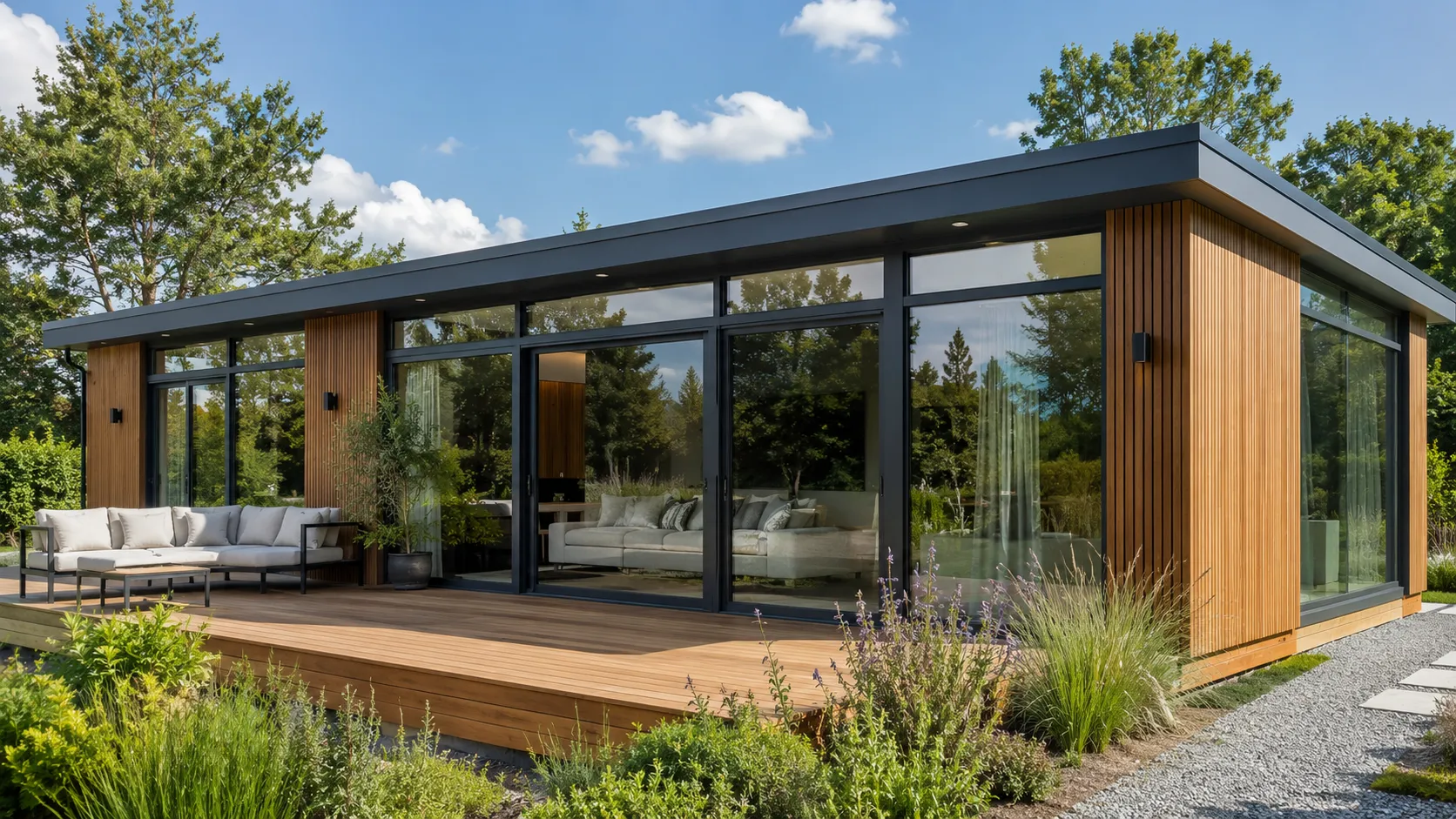Moderne modulaire vakantiewoning met houten gevel en terras in groene omgeving